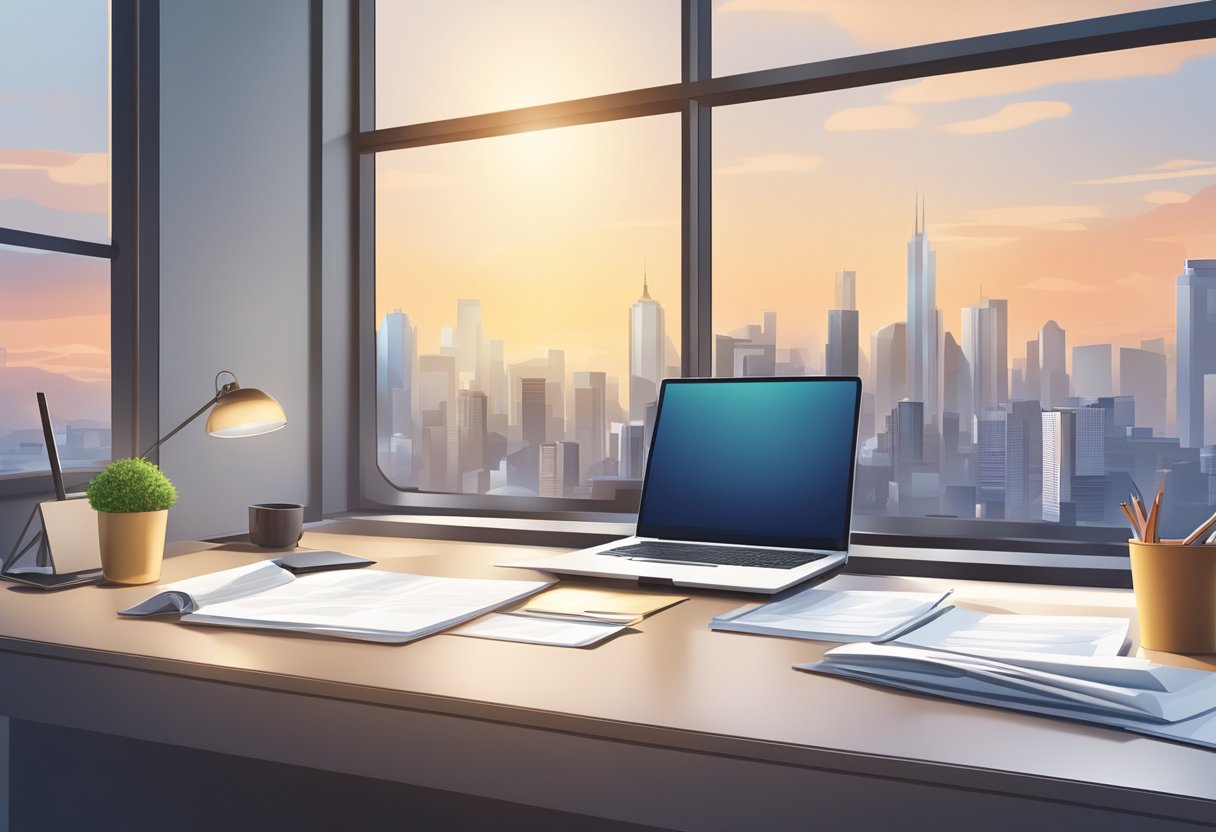 A modern office desk with a laptop, calculator, and real estate documents. A city skyline is visible through the window