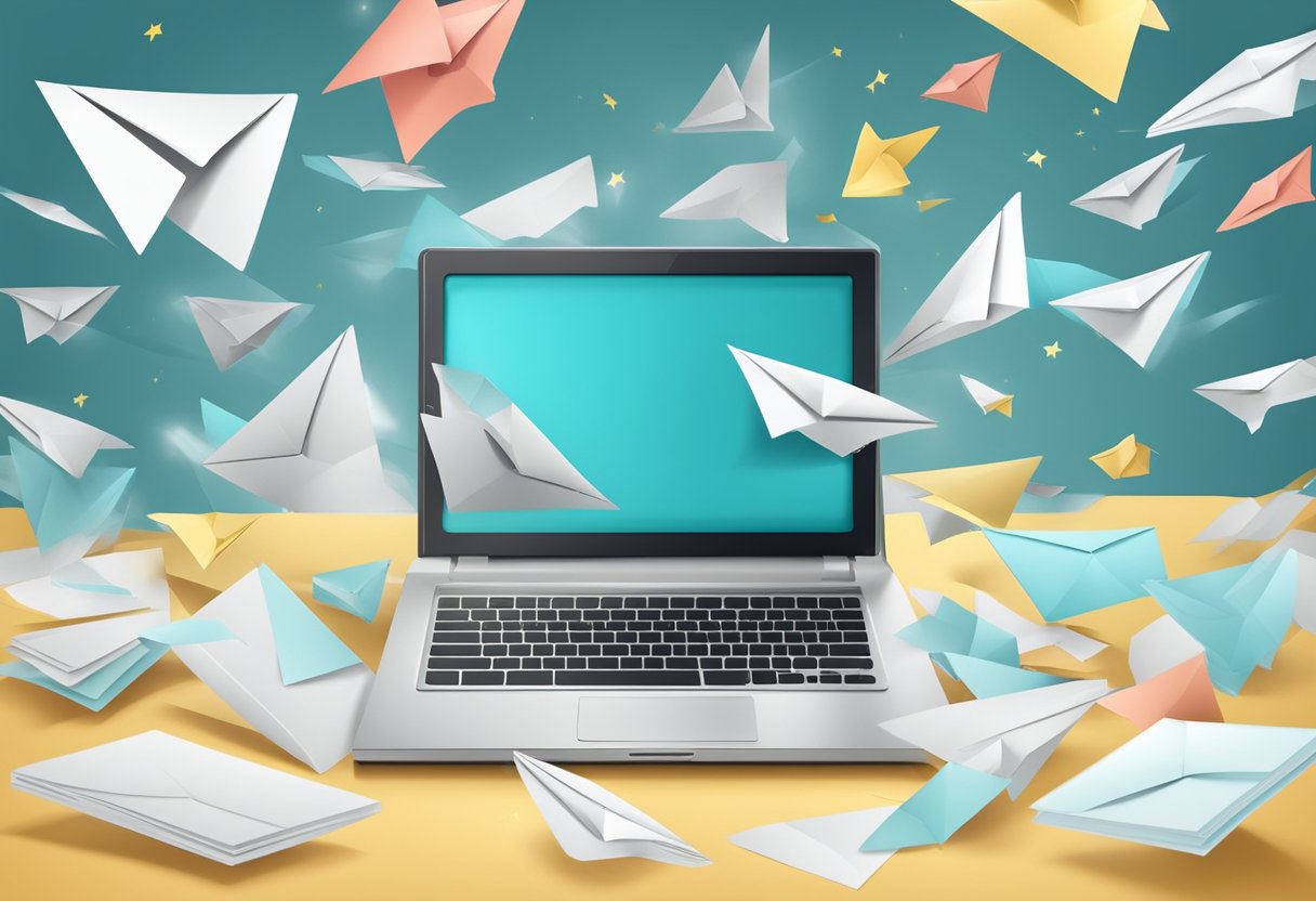 A laptop surrounded by open envelopes and flying paper airplanes