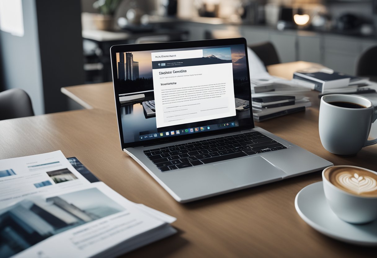 A laptop surrounded by real estate brochures and a cup of coffee on a desk, with a ghostly figure typing at the keyboard