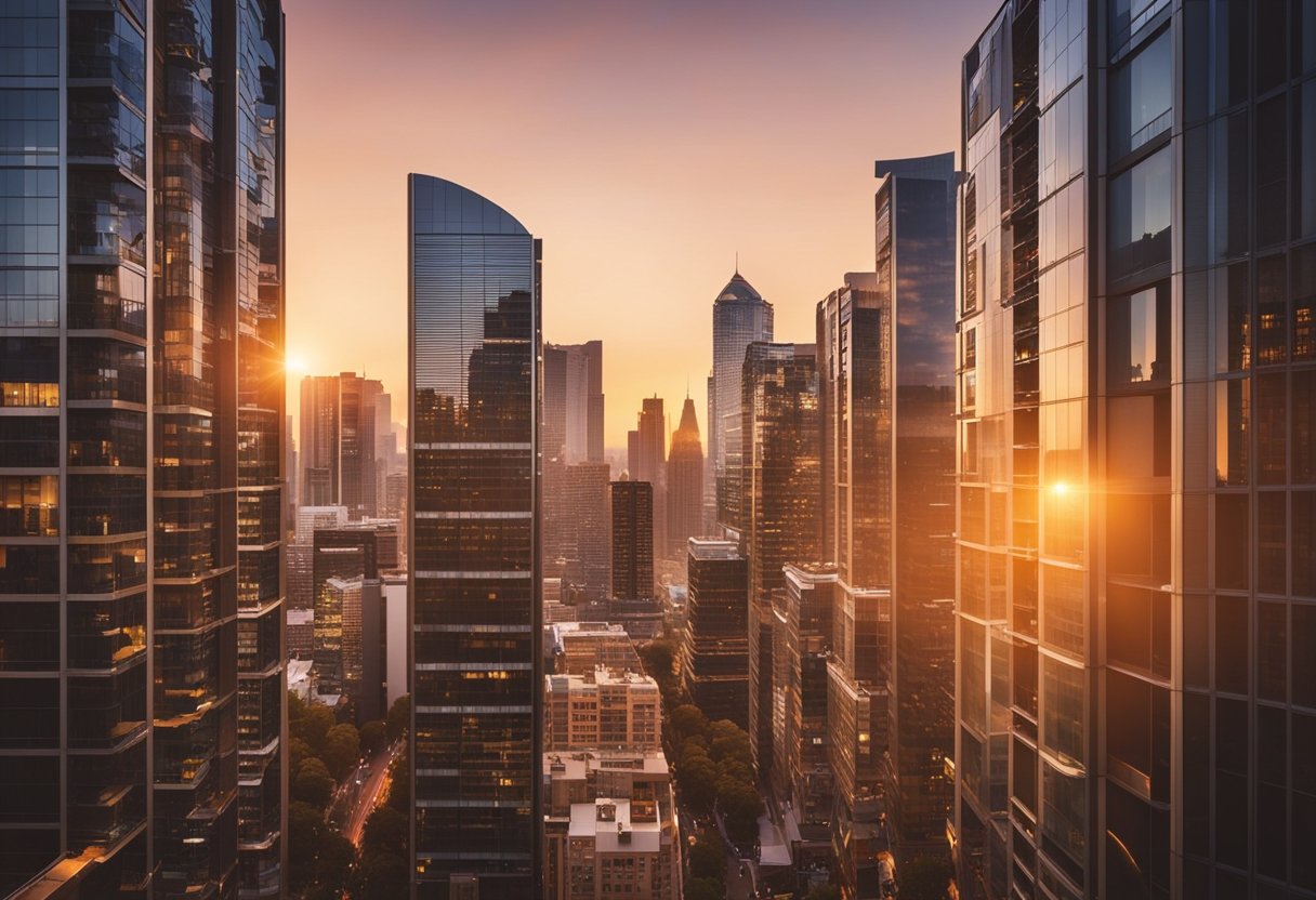 A bustling city skyline with various types of real estate buildings, including apartments, houses, and commercial properties, set against a vibrant sunset