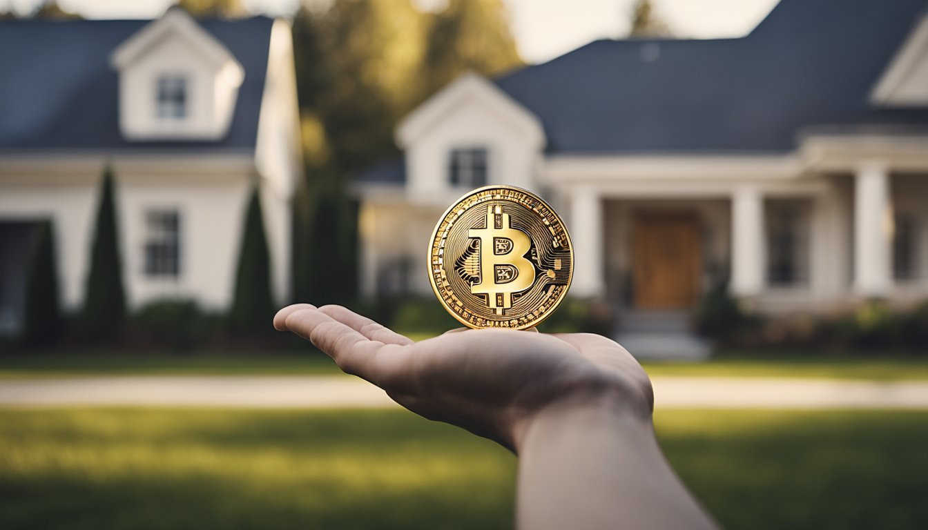 Photo of a hand holding Bitcoin used to buy investment real estate.