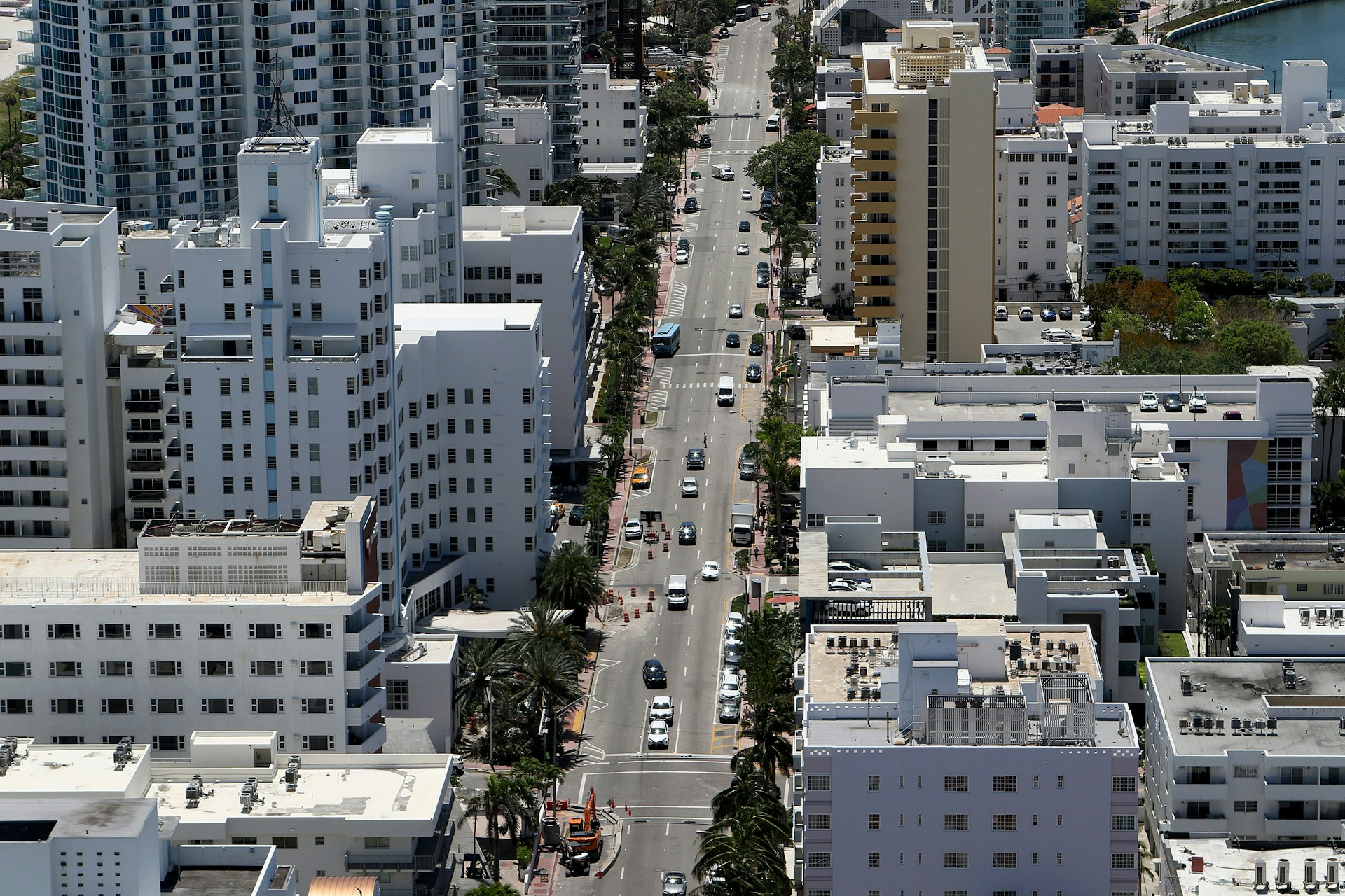 Aerial view of a city with commercial and investment real estate for sale or for lease.