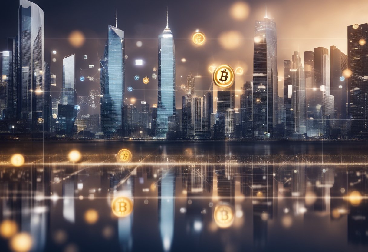 A modern cityscape with digital real estate properties overlaid with cryptocurrency symbols