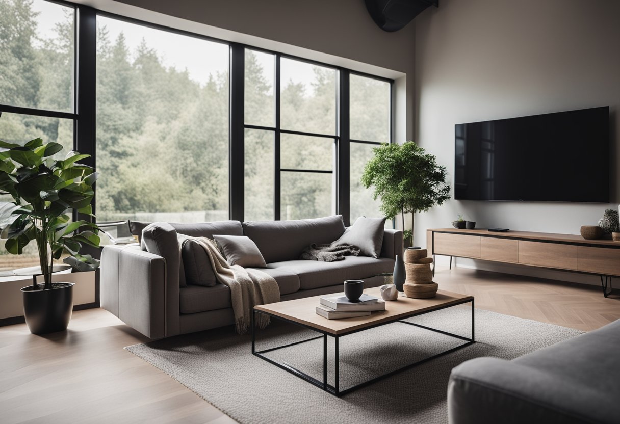 A cozy living room with a large window, modern furniture, and a smartphone displaying a room rental app on the coffee table