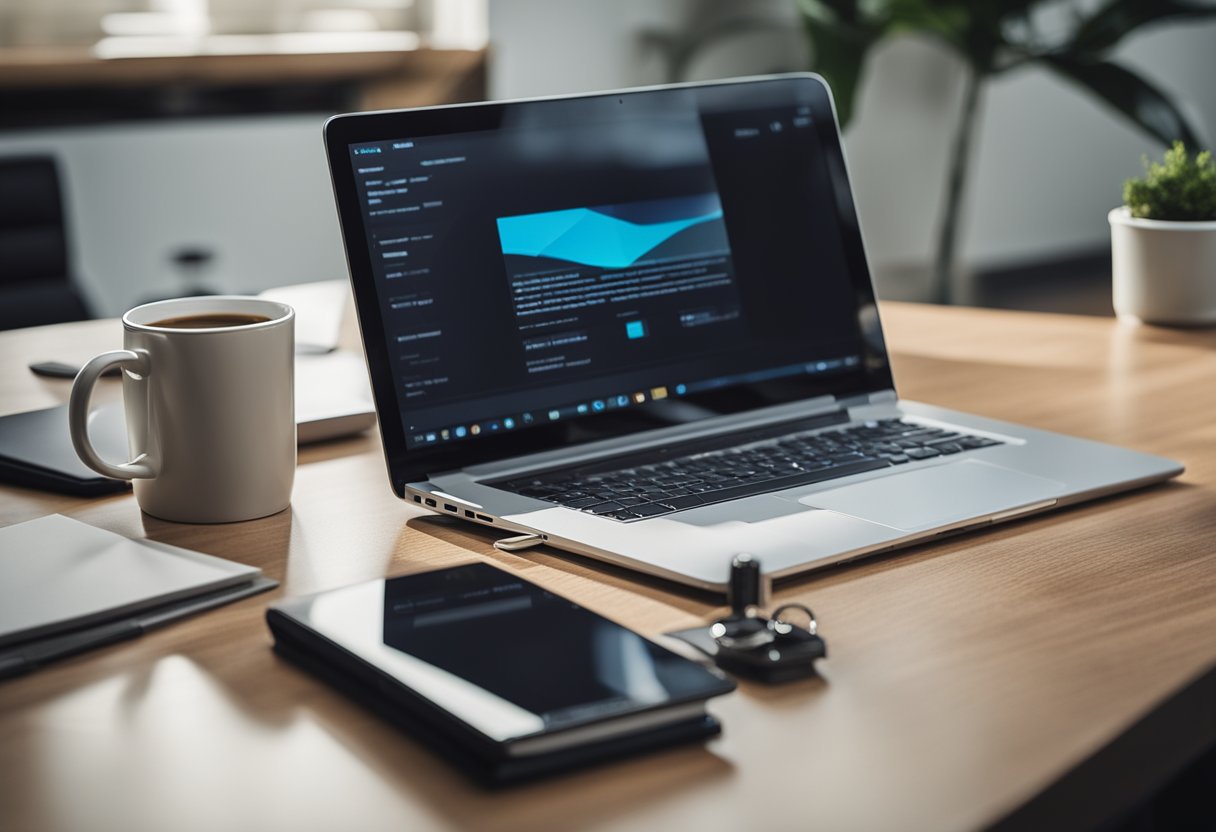 A modern office desk with a laptop, financial documents, and a pen. A key and house model sit nearby