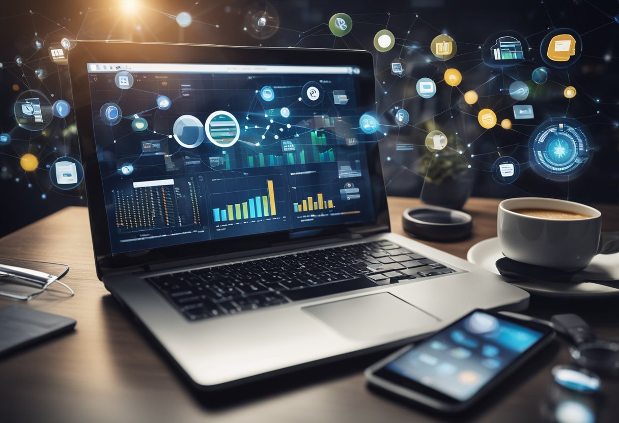 A laptop surrounded by various digital marketing tools and analytics charts, with a magnifying glass symbolizing search engine optimization