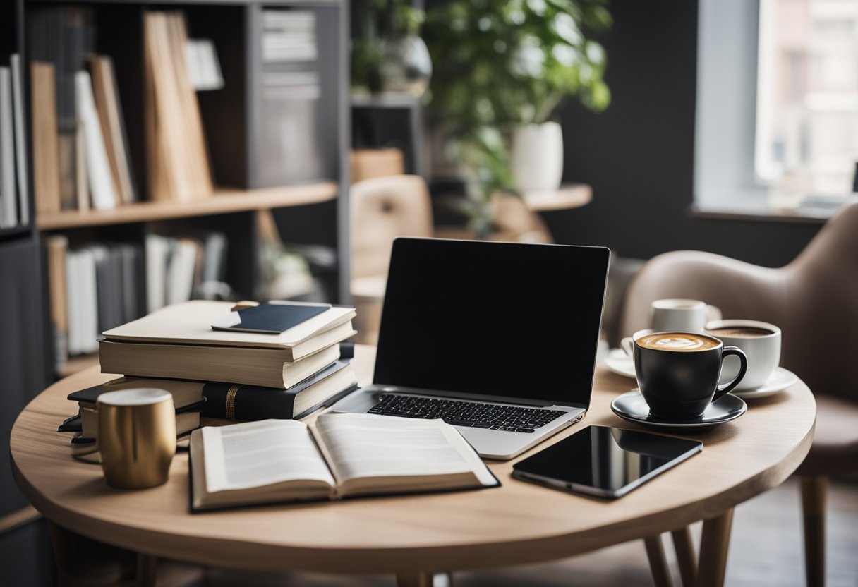 A cluttered desk with a laptop, books, and notes. A cup of coffee sits nearby. The room is quiet and filled with natural light