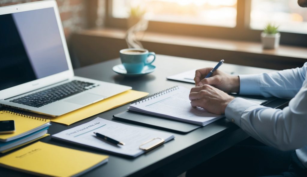 A writer creating content for a business blog post. There is a yellow note pad on his desk and a cup of coffee along with research papers he is referencing when writing content for this client.