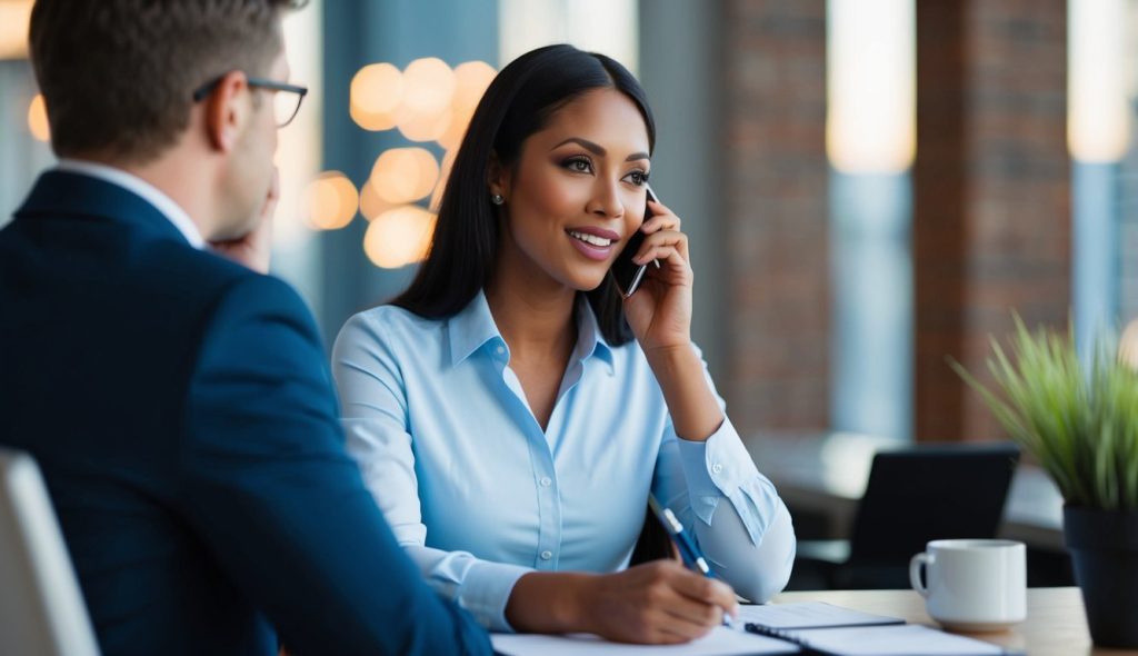 A business writer speaking on her cell phone with a potential client about a business ghostwriting project. She is asking the prospective client questions about the project and taking notes.