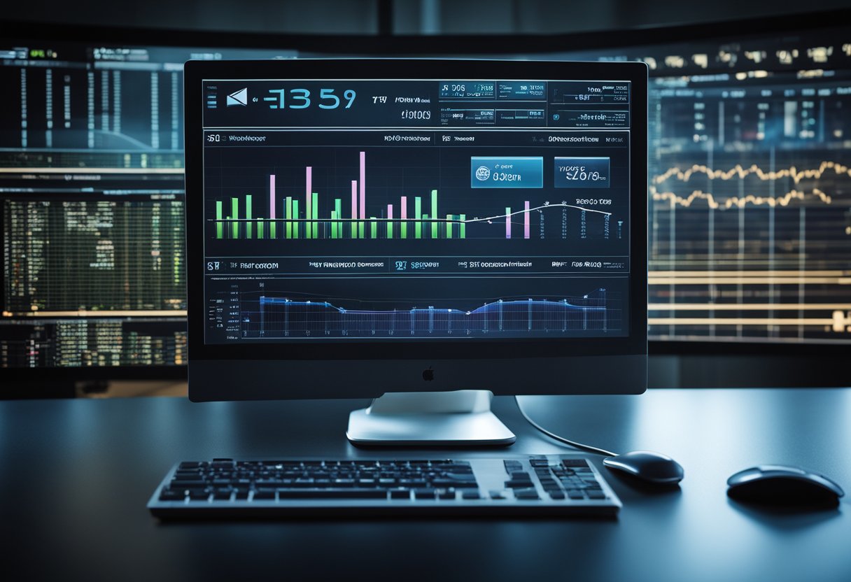 A computer screen displaying a graph with an upward trend, surrounded by open email windows and a ticking clock