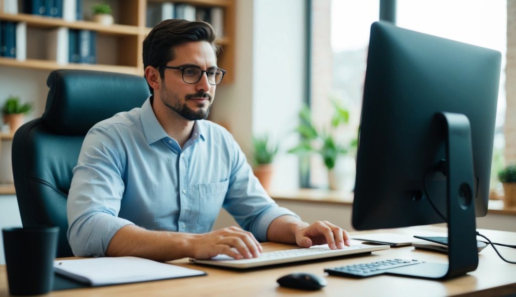 A freelance writer working on his desktop computer figuring out how to transform complex content into content that is easy to understand.