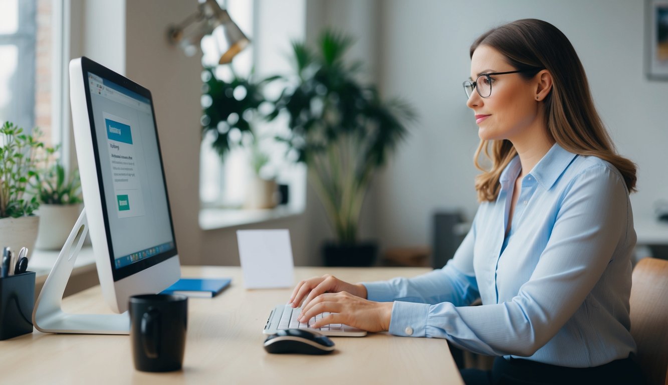 A freelance writer sitting in front of her computer screen with an email inbox, showing an automated response message from her email autoresponder system.