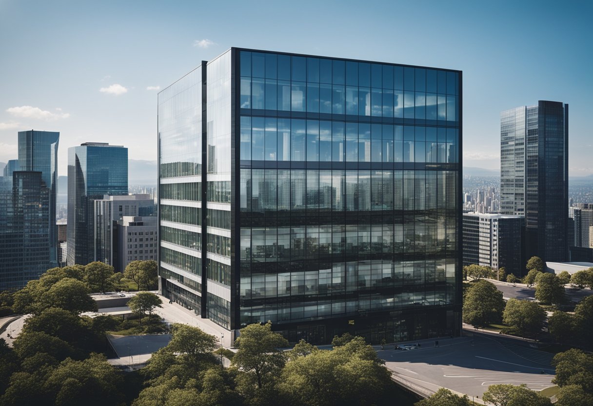 A modern office building with a sleek exterior and large windows, surrounded by bustling city streets and other high-rise buildings