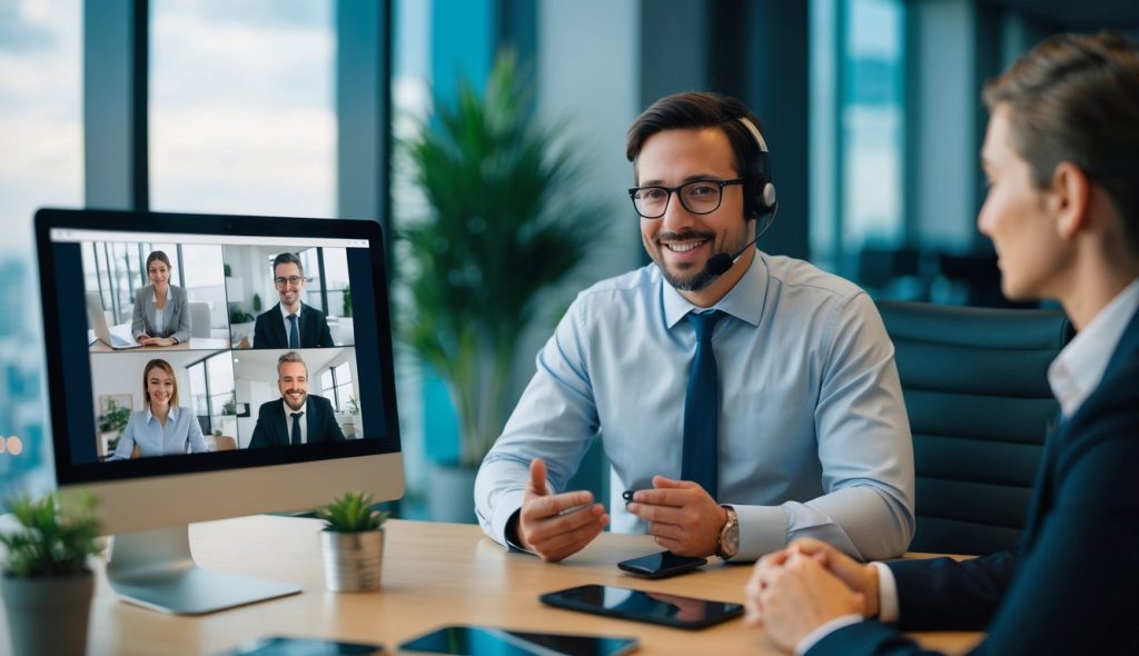 The head of an in-house marketing group at a commercial real estate firm conducting a video call to interview a freelance writer specializing in commercial and investment real estate.