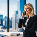 A female content creator with blond hair wearing a black business suit sitting in front of her desk speaking on the phone about content marketing strategies to a client. Through the window of her office towering sky scrapers and traffic can be seen.