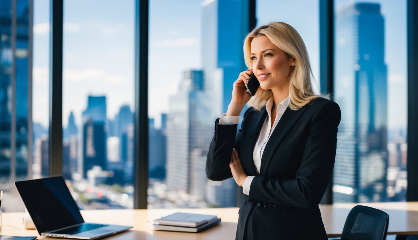 A female content creator with blond hair wearing a black business suit sitting in front of her desk speaking on the phone about content marketing strategies to a client. Through the window of her office towering sky scrapers and traffic can be seen.