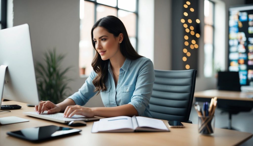 A female content creator working on her computer to create personalized content for a client to generate more traffic to the website and turn prospects into customers.