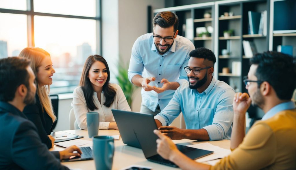 A group of content creators in a conference room discussing different ways to create personalized content for a client.