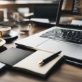 A laptop surrounded by a clutter of notebooks and pens, with a steaming cup of coffee nearby, as the blogger feverishly types away