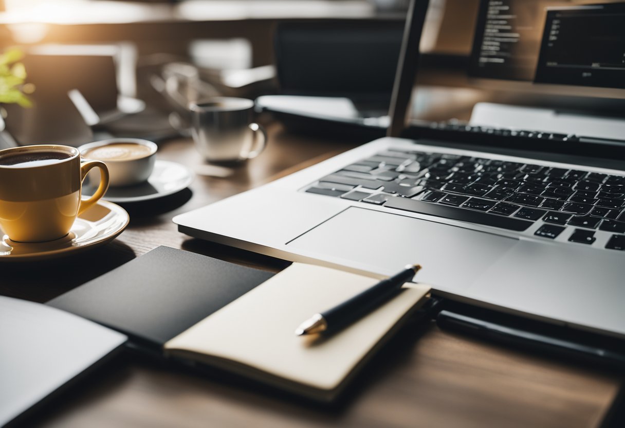 A laptop surrounded by a clutter of notebooks and pens, with a steaming cup of coffee nearby, as the blogger feverishly types away