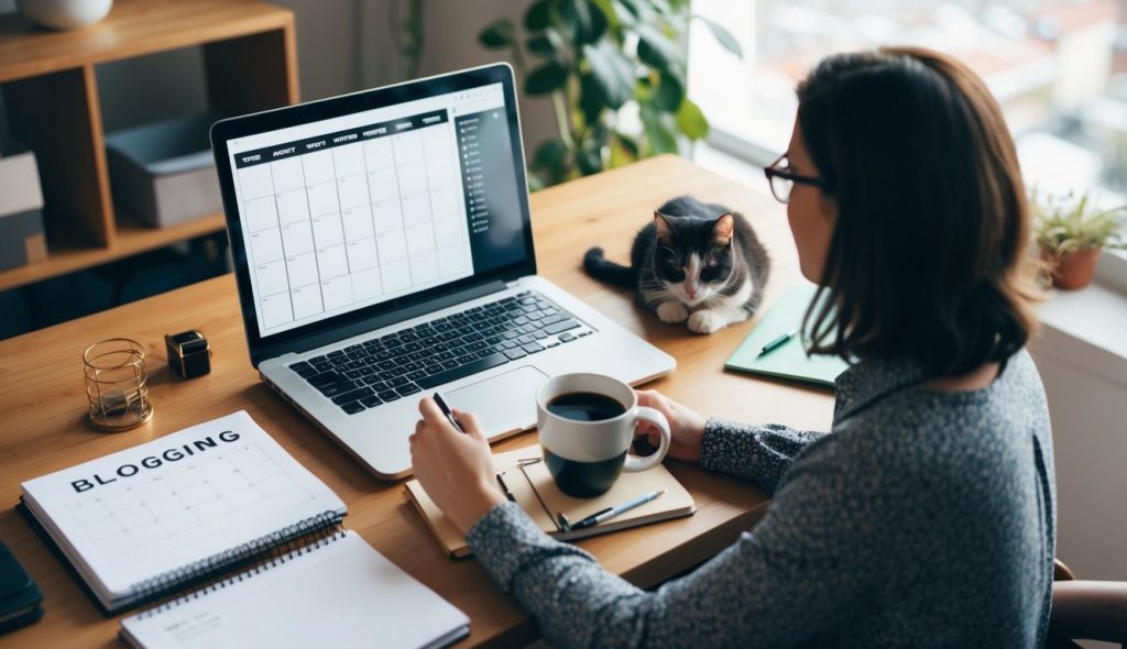 A freelance writer sitting in front of her laptop surrounded by various writing materials and a cup of coffee, with a calendar showing multiple dates marked for blogging, with her cat curled up near by.