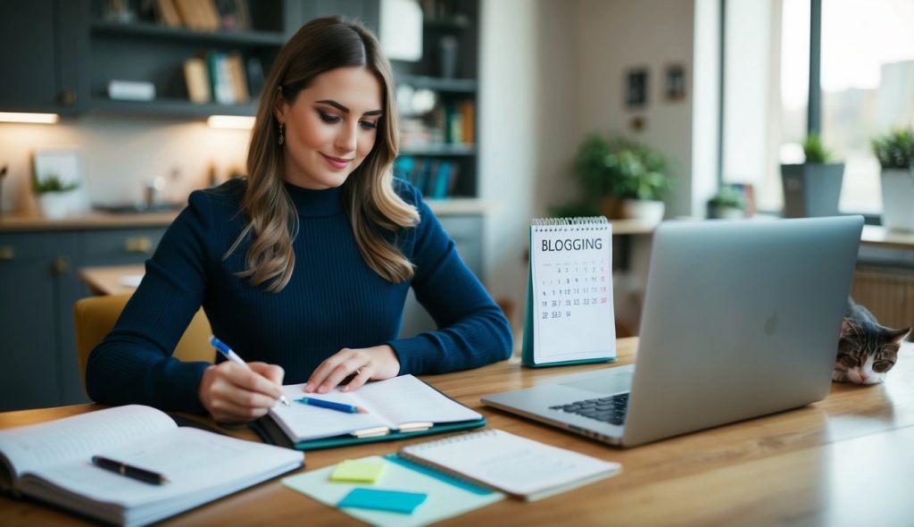 A person sitting at a desk, surrounded by paper and pens, brainstorming and writing headlines in a notebook for 5 minutes daily