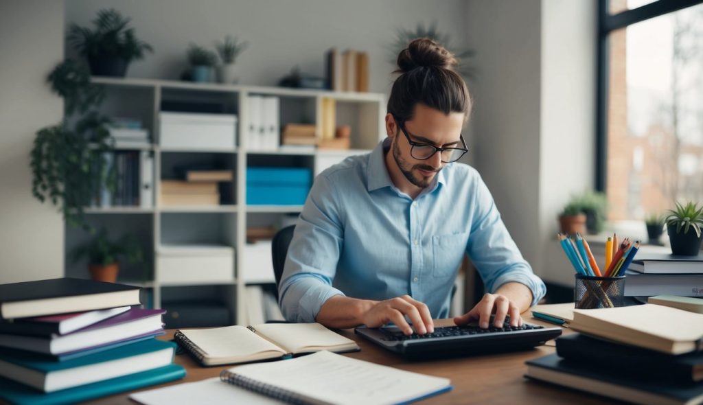 A freelance writer types on a laptop while a real estate investor reviews documents, both in a modern office setting