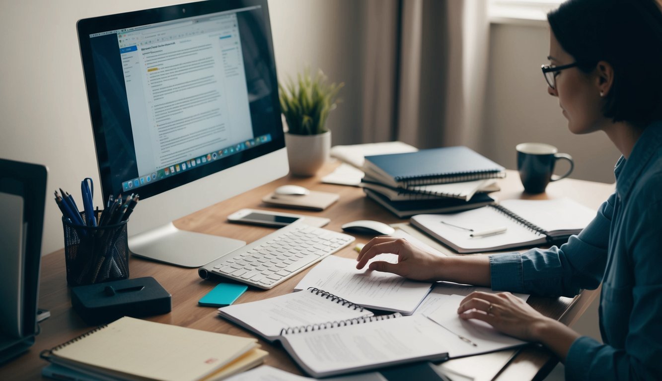 A freelance writer working on real estate articles at a cluttered desk with a computer, notebooks, and reference materials spread out