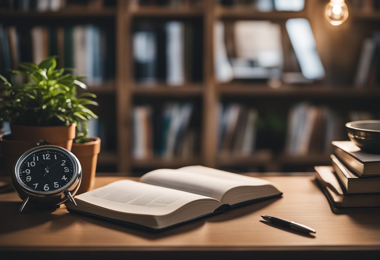 A cozy writing nook with a journal, pen, and potted plant on a desk. A clock and calendar hang on the wall, surrounded by shelves of books