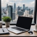 A modern office desk with a laptop, real estate brochures, and a plant. A large window reveals a city skyline in the background