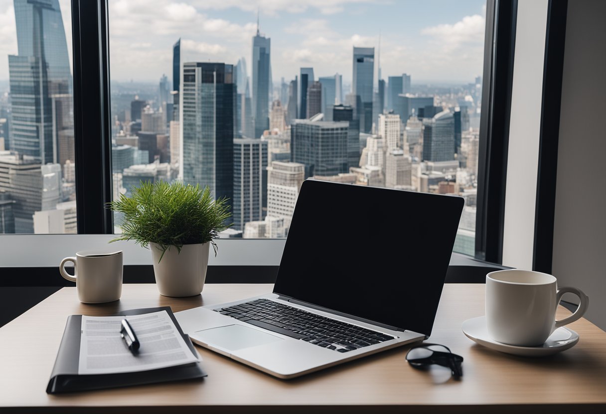 A modern office desk with a laptop, real estate brochures, and a plant. A large window reveals a city skyline in the background