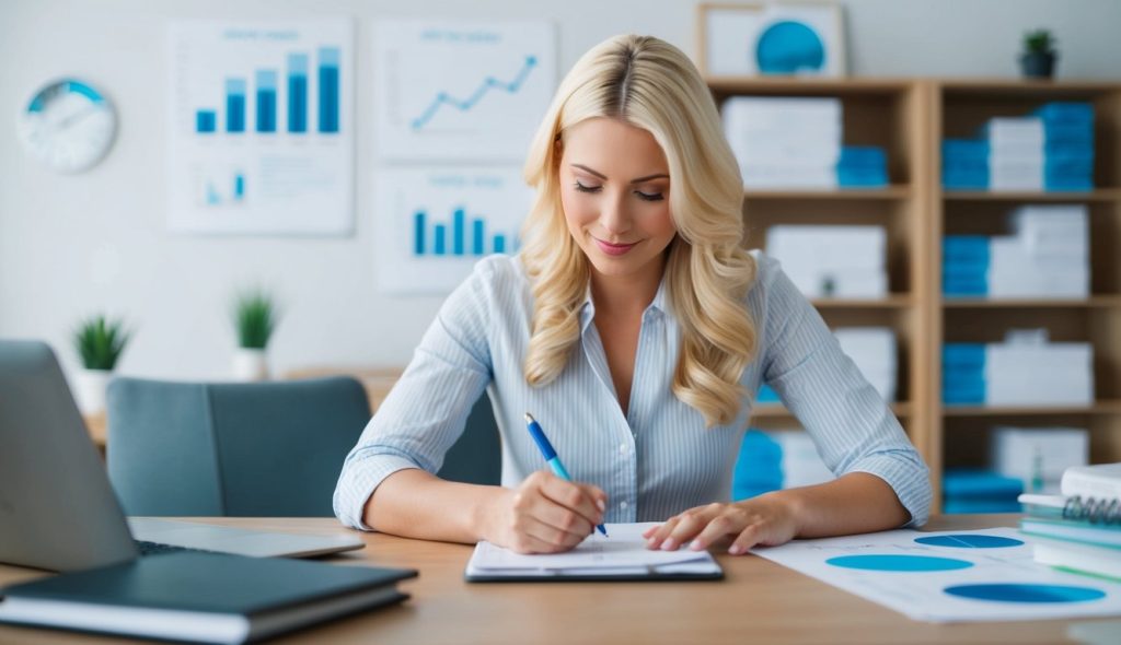 A blonde female content writer researching and taking notes on real estate trends and market data