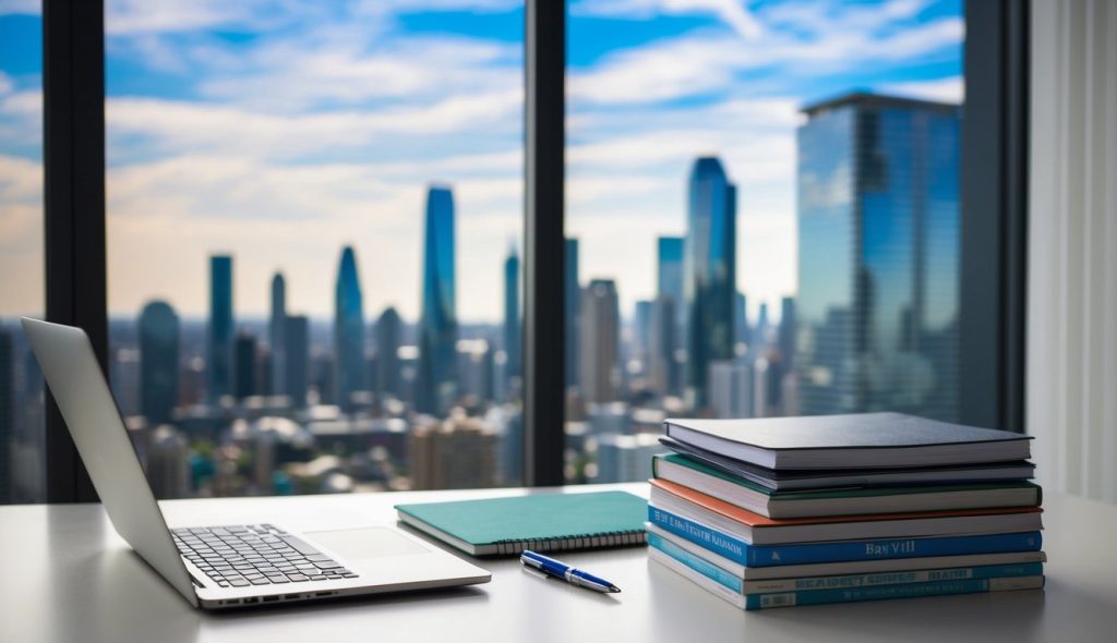 A desk with a laptop, notebook, and pen. A stack of real estate books and magazines. A window with a view of a city skyline