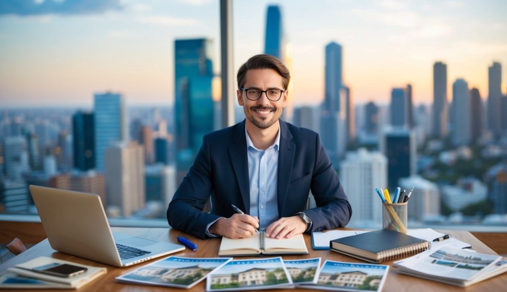 A desk with a laptop, notebook, and pen surrounded by real estate brochures and a city skyline in the background