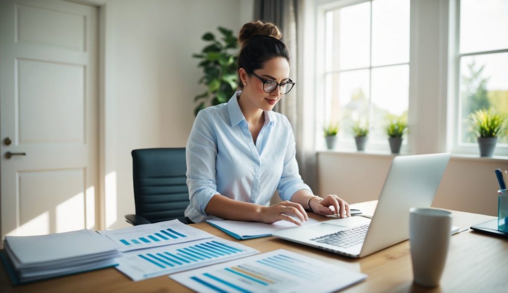 A freelance real estate copywriter wearing glasses hard at work in her home office. Her desk has monthly marketing reports and the sun is shining outside of her window.