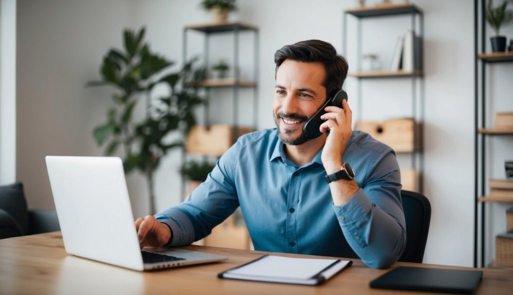 A male freelance copywriter in his home office conducting a video call with a client to discuss content strategy for the upcoming month.