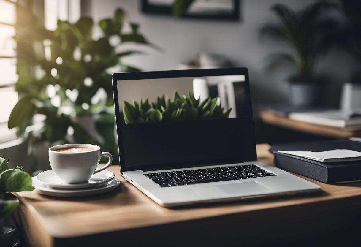 A desk cluttered with a laptop, notebook, and coffee mug. A calendar on the wall marked with deadlines. A plant in the corner