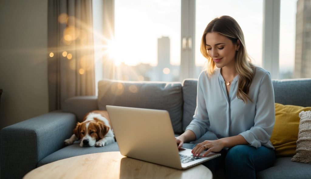 A female blog writer working at her laptop first thing in the morning with the sun shining outside of her window and her dog sleeping on the sofa near her desk.