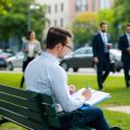 A freelance writer sitting on a park bench creating content for a property management blog on her computer. Across the street is an office building with people going to work walking by.