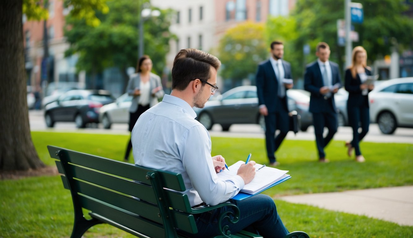 A freelance writer sitting on a park bench creating content for a property management blog on her computer. Across the street is an office building with people going to work walking by.