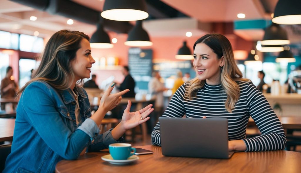 Two female content creators sitting in a coffee shop brainstorming about topics to write about for a property management blog that they work with.