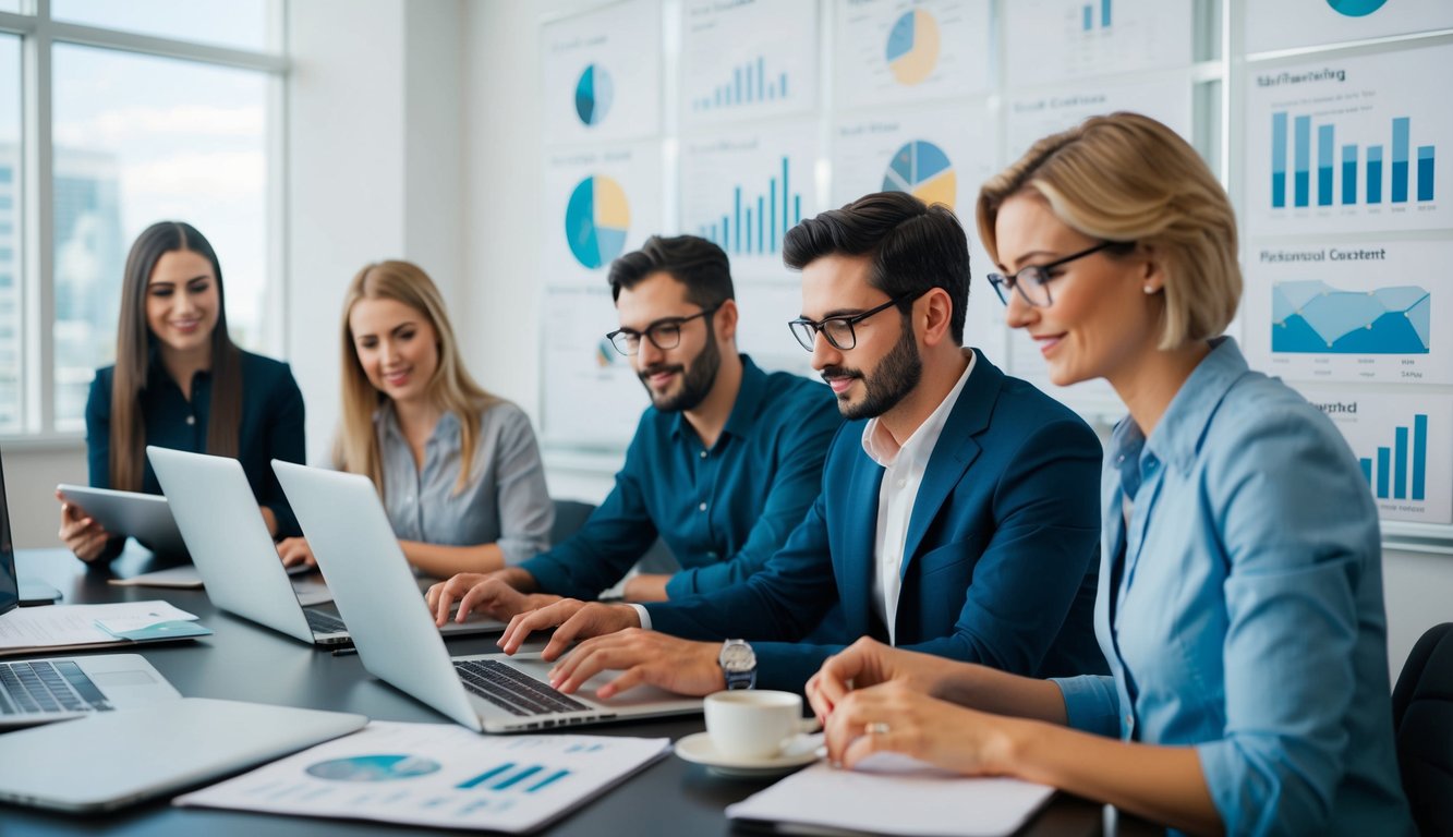 A group of freelance writers working in their office surrounded by market reports and flow charts, brainstorming about real estate investment content and typing on their laptops