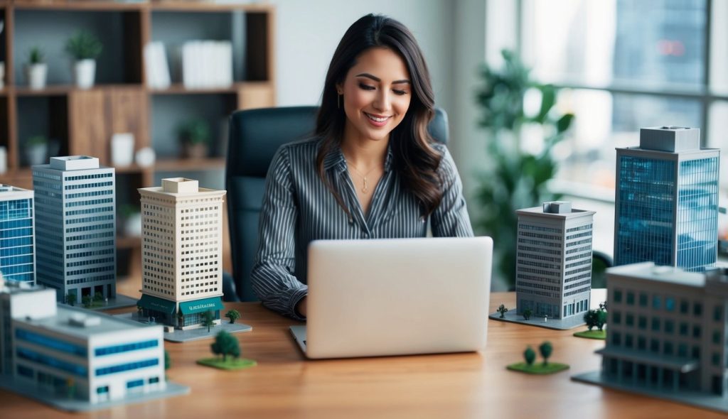 A freelancer at her a desk with a laptop, surrounded models of office buildings and retail shopping centers, crafting engaging content for REI