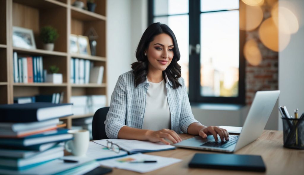 A freelance writer at her desk, surrounded by commercial real estate research materials, typing on her laptop with a focused expression