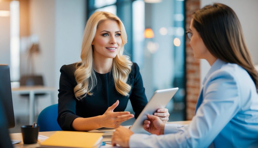 A blonde female real estate investor in her office discussing the use of local SEO with a female colleague with brunette hair to help find investors for a retail development she is working on.