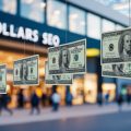 A shopping center with dollar signs floating in the air representing the impact that effective local SEO has on investment real estate.