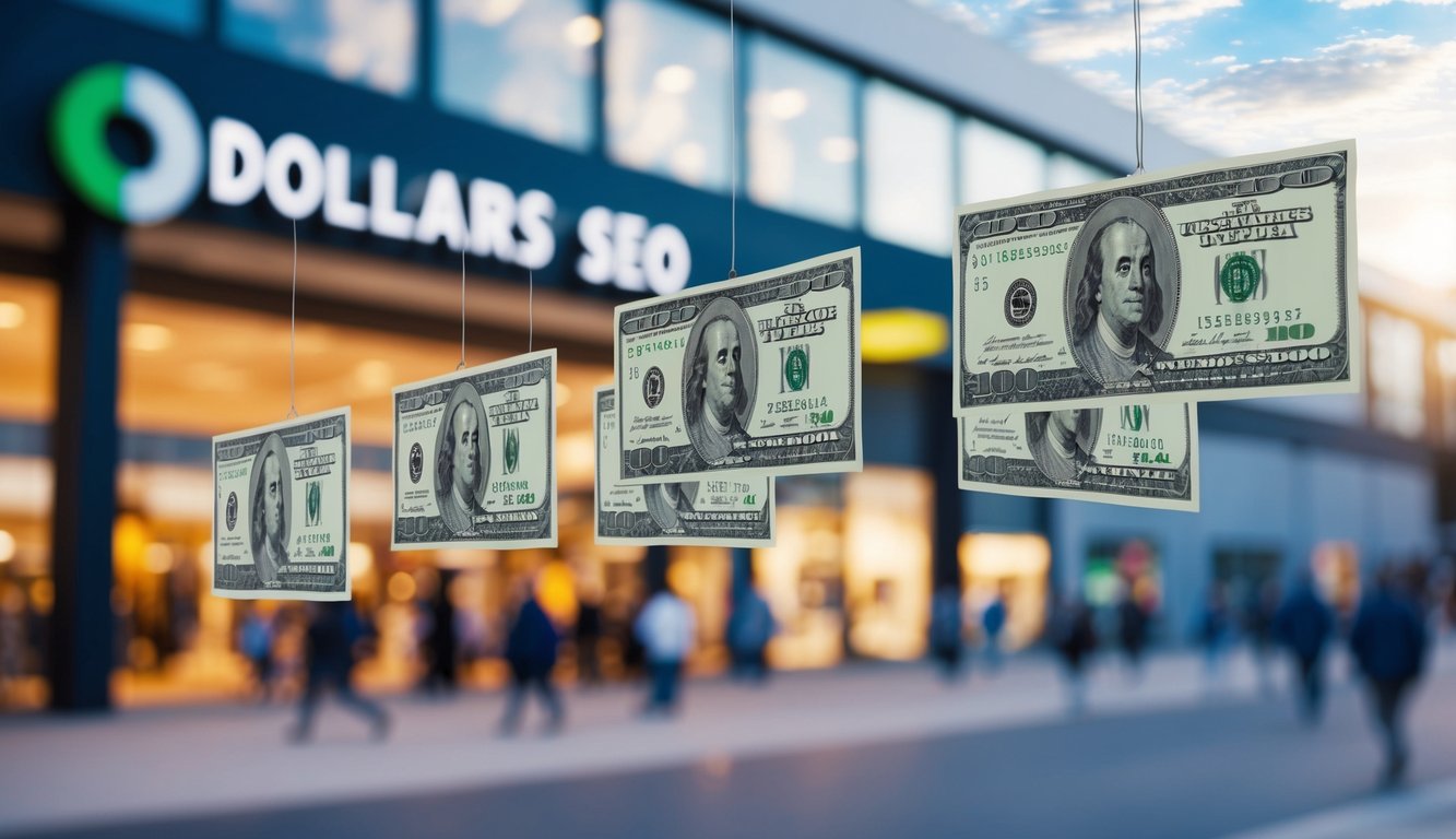 A shopping center with dollar signs floating in the air representing the impact that effective local SEO has on investment real estate.