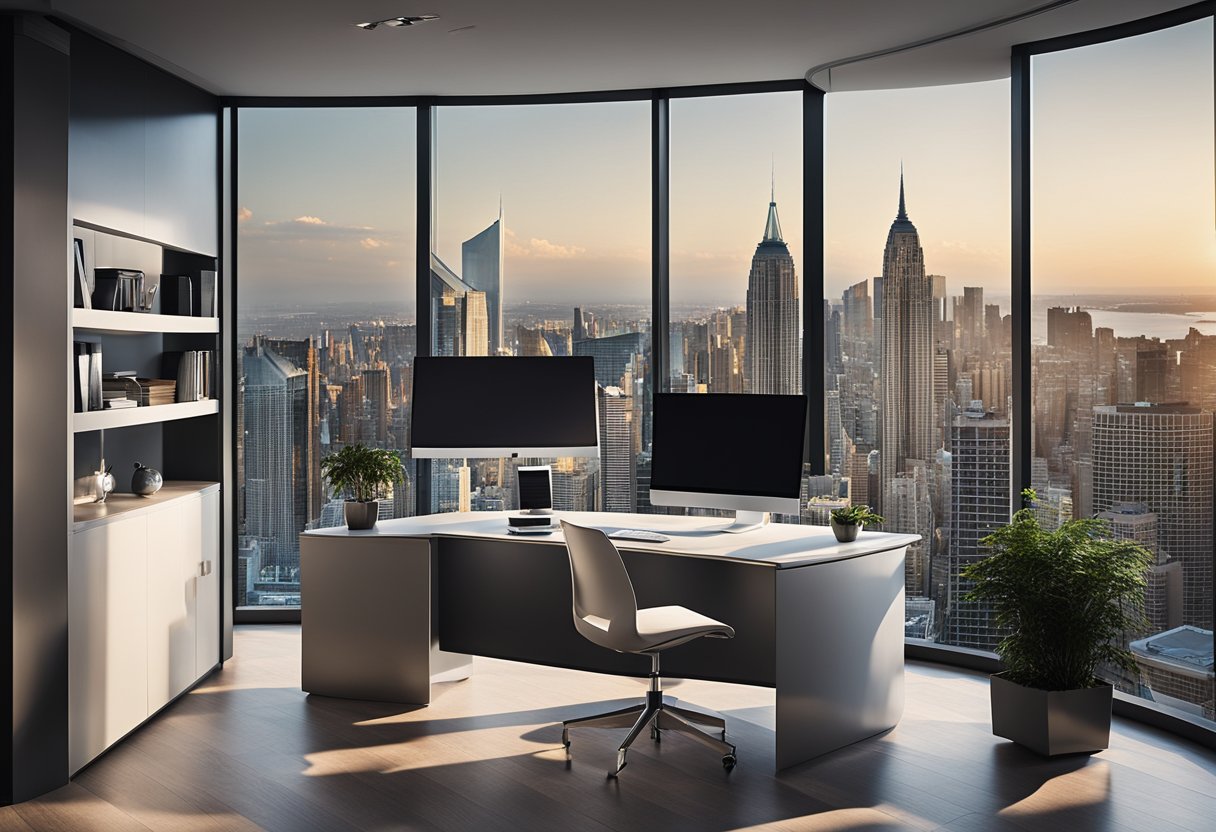 A modern office with a sleek desk, computer, and real estate brochures. A large window overlooks a city skyline