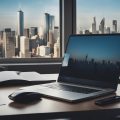 A modern office desk with a laptop, notepad, and pen. A city skyline visible through the window