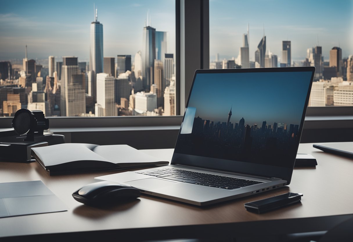 A modern office desk with a laptop, notepad, and pen. A city skyline visible through the window